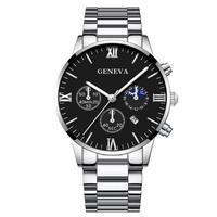 Jam Tangan Quartz Mewah Pria dengan Tali Baja Tahan Karat, Skala Romawi, Kalender Tiga Mata, Gelang Bisnis, Kalung Salib, Dial Kaca, Tanpa Kotak