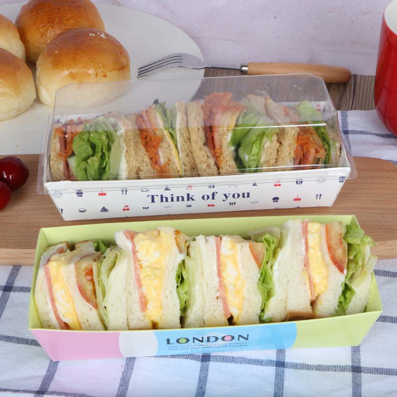 Custom Sandwich  Rectangle Bread Hot dog Kraft Paper food packaging disposable treat cake box with clear plastic lid