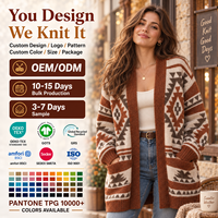 Cardigan en tricot jacquard géométrique surdimensionné pour femme, ouvert sur le devant, à manches longues, style bohème décontracté, manteau automne-hiver, OEM ODM personnalisé