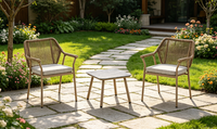 Ensemble bistrot moderne en corde tressée pour extérieur, chaise de salle à manger avec structure en acier et table d'appoint à plateau en marbre pour balcon, café, jardin