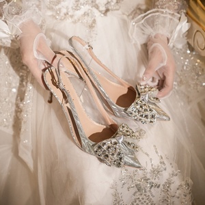 New Style <b>Bow</b> Wedding <b>Shoes</b> Stiletto Heel Pointed Toe Backless Autumn Bridal <b>Shoes</b> Buckle Closure Slingback Fashionable European - Product Image 1
