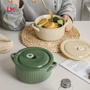 陶瓷面条汤沙拉上菜碗带硅胶盖厨房用品陶瓷拉面碗带手柄