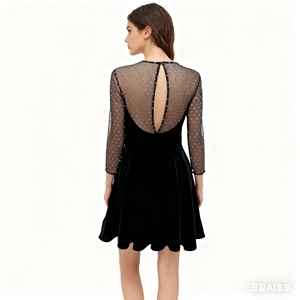 ALBBCBS07 Ladies Sweet Style Fit Flare Knee-Length <b>Dress</b> Velvet Silver Dobby Natural Waistline Lace Button <b>Zipper</b> Woven Weaving - Product Image 5