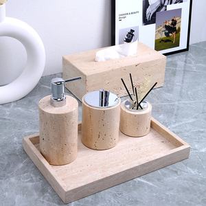 Hot <b>Sale</b> Free Combination Nature Marble Beige Travertine Stone Bathroom Toiletries Set Wabi Sabi Bathroom Amenities Kit - Product Image 5