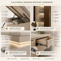 Lit plateforme tatami intégré de style californien moderne avec armoire en verre et bureau flottant long pour une pièce ensoleillée