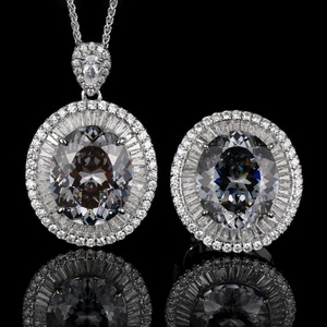 Ensemble de bijoux vintage tendance en cuivre écologique avec pendentif ovale en zircone cubique noir et gris 15*18mm pour femme - Product Image 2