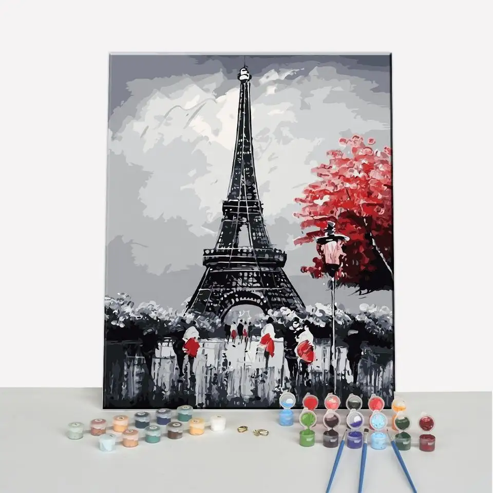 Venta superior famoso París Torre Eiffel paisaje urbano cuadro sobre lienzo para pared enmarcado DIY pintura por números