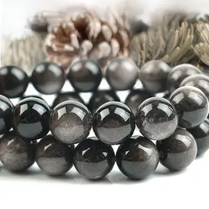 Cuentas sueltas de piedras preciosas lisas naturales para la fabricación de joyas, cuentas de obsidiana de plata, pulsera DIY, collar, artesanías de piedra