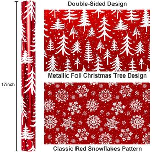 Reversible Christmas <b>Wrapping</b> <b>Paper</b> Red Metallic Foil Tree Snowflake Holiday Gift Craft 46.8 Square Feet Roll - Product Image 3