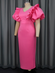 Toptan sevimli kısa V boyun puf kollu fırfır kokteyl elbise Lady - Product Image 5