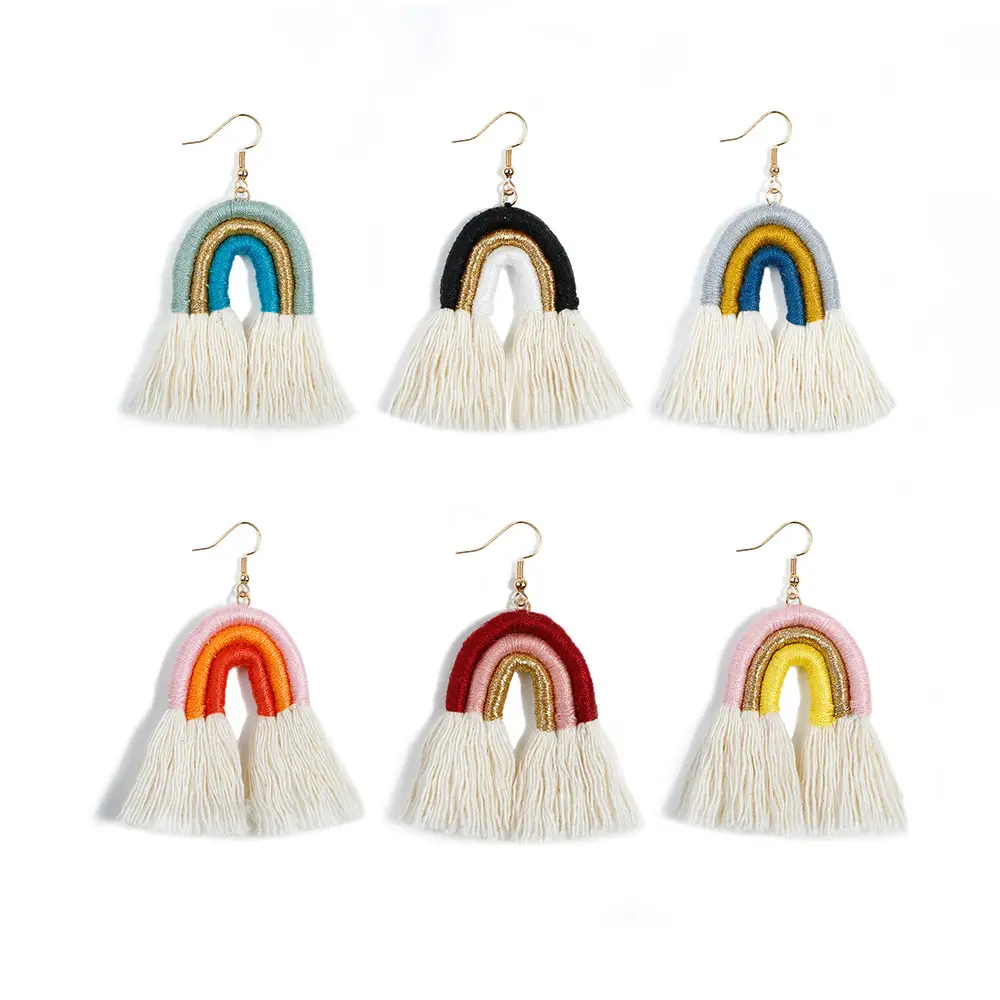 Boho Handmade Multicolor Cotton Tassel Rainbow Pendant Earrings