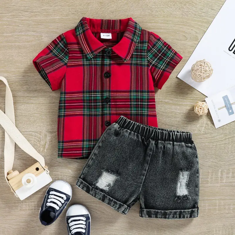 Комплект одежды для младенцев из 2 предметов, рубашка-поло в красную клетку с коротким рукавом и черные джинсовые шорты, одежда для маленьких мальчиков, 2023