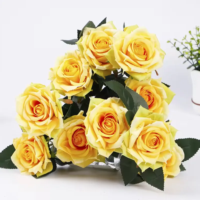 結婚式の家の装飾のための10ヘッド装飾リアルタッチローズ造花シルクホワイトローズ花人工