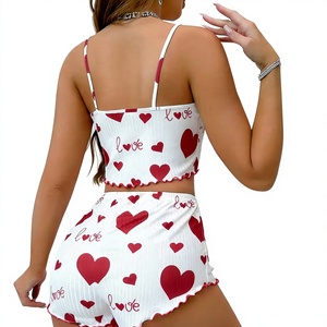 Service OEM Vente en Gros Ensemble Pyjama 2 Pièces Femme Tricoté Doux Imprimé Floral Décontracté Été Caraco et Short 95% Polyester 5% - Product Image 3