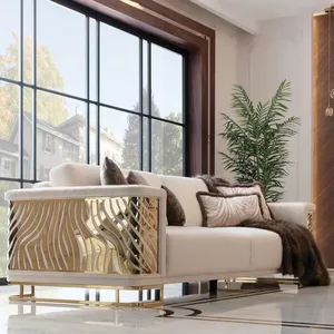 モダンで豪華なステンレス鋼フレームソファセットヴィラオフィスホテルリビングルームホールに最適な家具-ホットセールファブリックカバー