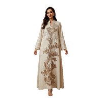 Robe Kaftan Abaya de Luxe Hafizah Brodée de Paillettes pour Femme, Longue, à Manches Longues, Motif Floral Doré et Argenté, pour Fête Musulmane et Aïd