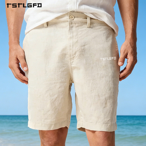 กางเกงขาสั้นผ้าลินินปักลายสำหรับผู้ชาย แต่งจีบด้านหน้า ขอบขาจั๊มพ์ เอวกลาง ติดกระดุม ทรงหลวมใส่สบาย เหมาะสำหรับใส่ไปเที่ยวชายหาดหรือรีสอร์ท - Product Image 1