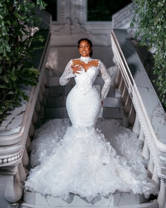 Robes de mariée sirène Aso Ebi arabes blanches avec traîne détachable, manches longues scintillantes, ornées de cristaux, grandes tailles - Product Image 5
