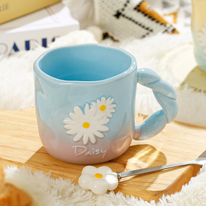 Personalized Daisy Ceramic Mug Handmade Flower Coffee Mug with Spoon - Product Image 5