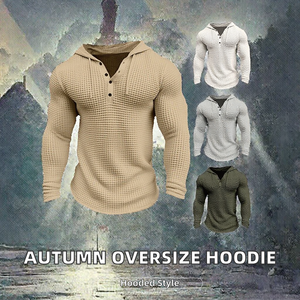 Men's Hooded Pullover Sweatshirt Waffle Knit <b>Long</b> <b>Sleeve</b> <b>Henley</b> Hoodie Regular Fit for Autumn Winter - Product Image 2