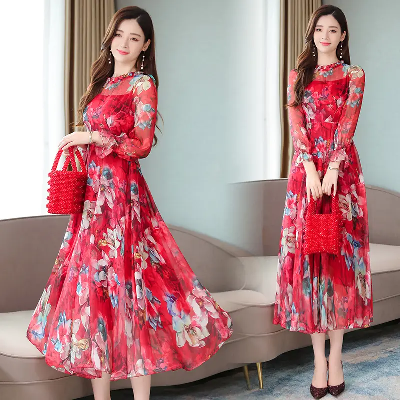 Wholesale Fashion Women Lady Girls Cheap Elegant Summer Long Sleeve Printing Midi Dress Ruffle O-Neck Casual Peplum Dresses