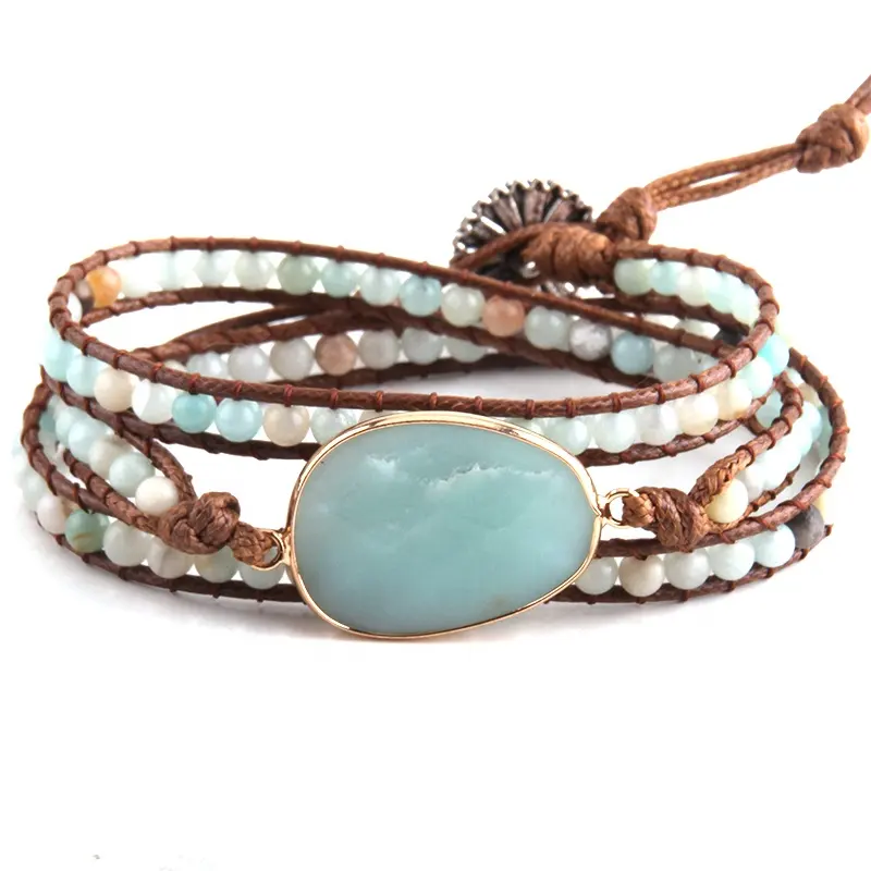 Fashion Beaded Jewelry Bracelet Handmade Natural Stones and Stone Charm 3 Strands Amazonite Leather Wrap Bracelets