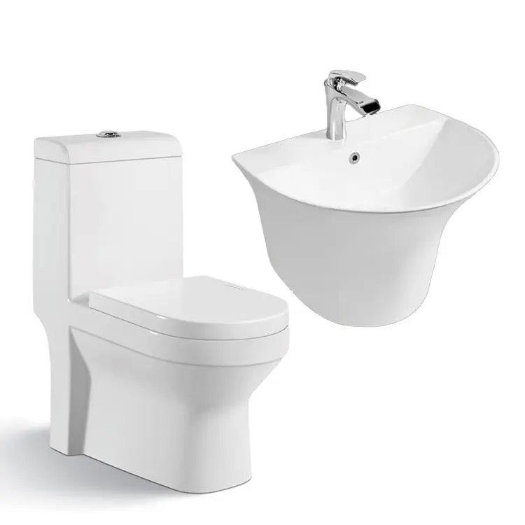 Wholesale sanitary ware bathroom commode toilet bowl and wash basin sink set p trap washdown ceramic one piece toilet