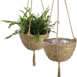 Panier suspendu en paille, panier de rangement tissé, pot suspendu pour plantes, fleurs et verdure, à suspendre au mur, tissé à la main - Product Image 1