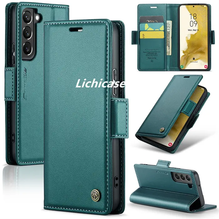 Lichicase casing dudukan Flip buku Samsung S22 cangkang ponsel kulit dompet magnetik desain kustom