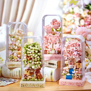 Bouquet di fiori di gelsomino con blocchi da costruzione e espositore quadrato, mattoncini piccoli per adulti, decorazione da scrivania, regalo di compleanno per donne - Product Image 1