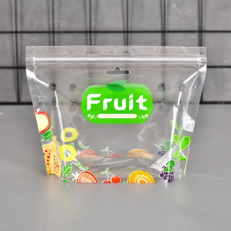 Recycle Fruit Tas Custom Afdrukken Oppervlak Plastic Stand Up Rits Verpakking Druif Tas Met Vent Gat