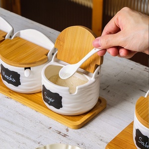 Juego de recipientes para condimentos de cocina, con tapas abatibles de cerámica, tarro de sal, botella para especias, tapas de madera de bambú, vajilla personalizable - Product Image 2