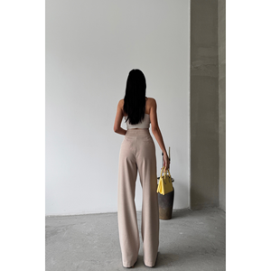 Pantalones de Mujer Color Beige, Cierre con Pliegues Anchos, Detalle de Solapa con Bolsillo, Cintura Elástica Transpirable, Talla XL - Product Image 1