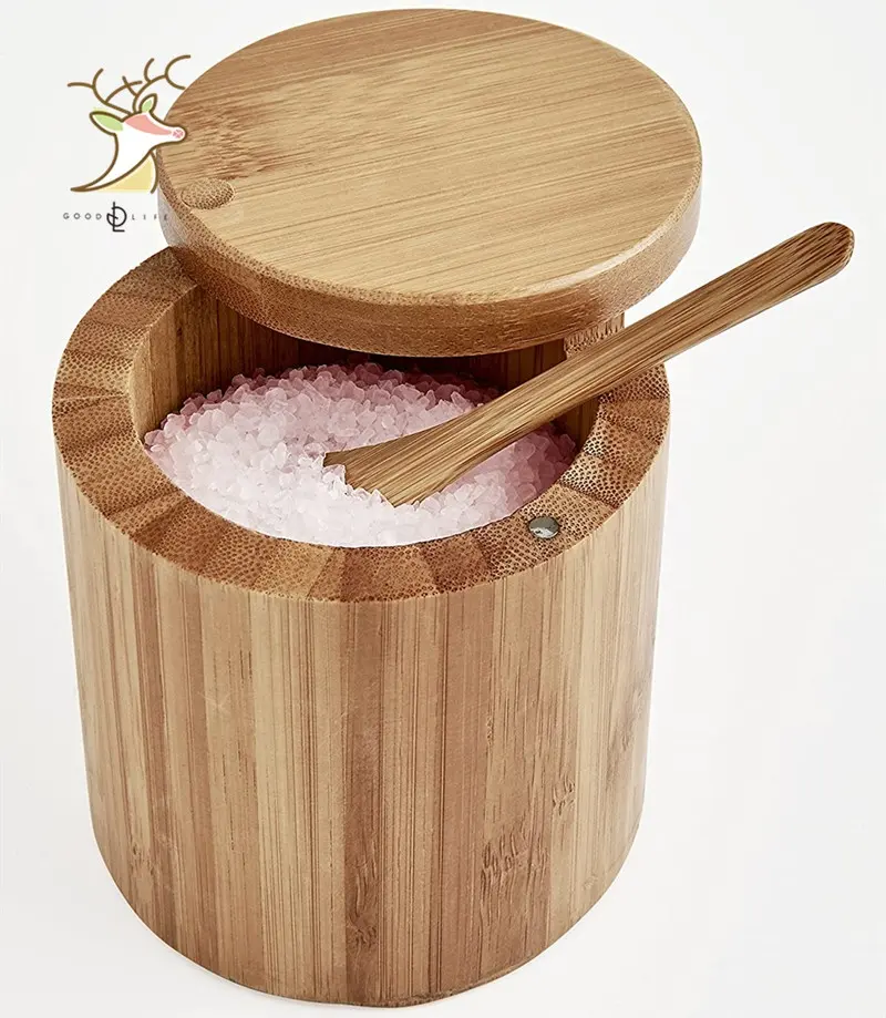 食品用木製スパイスボウル木製カバー調味料塩砂糖収納ボックス付き卸売環境竹サラダボウル