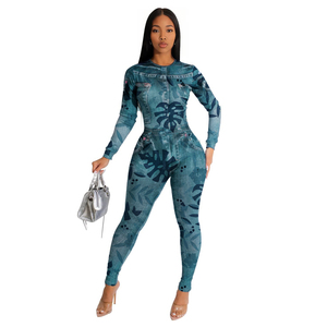 จั๊มสูทแขนยาวคอกลมพิมพ์ลายเซ็กซี่รัดรูปสำหรับฤดูร้อน พร้อมกางเกงพิมพ์ลาย ชุดแฟชั่นผู้หญิง 2 ชิ้น - Product Image 1