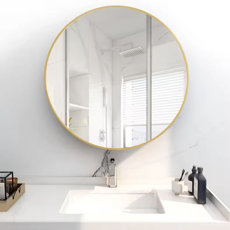 FEIDU Modern Round Metal Framed Bathroom Mirror, Gold Colored Wall Mounted, Shower Ready Silver Round Mirror for Bathroom