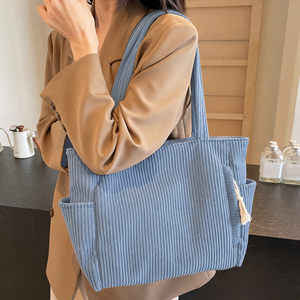 Durable Soft Corduroy Women's <b>Summer</b> Portable Casual Multi-Compartment Zipper Closure Commute <b>Shoulder</b> Tote <b>Bag</b> - Product Image 1