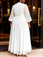 ADR060379 Robes de soirée tendance grandes tailles, col en V, manches lanternes, robe en mousseline de soie blanche, robes longues pour femmes, robes de soirée