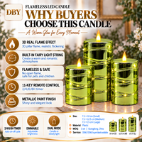 Bougie pilier LED en plastique à piles, flamme 3D, télécommande, texture verte métallique, pour la décoration de la maison, les mariages et les fêtes