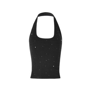 TS-035 Gilet court noir uni à col halter avec strass, coupe ajustée, style été, polyester/coton - Product Image 6