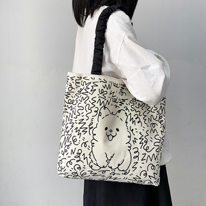 Sac fourre-tout en toile pour femme, motif chat et chien de dessin animé mignon, grande capacité, idéal pour l'été, pour étudiants et le shopping - Product Image 2