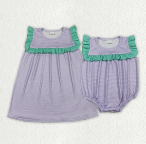 Ensemble assorti pour sœurs : Robe sans manches à rayures violettes longueur genou et barboteuse à volants pour bébés filles - Product Image 4