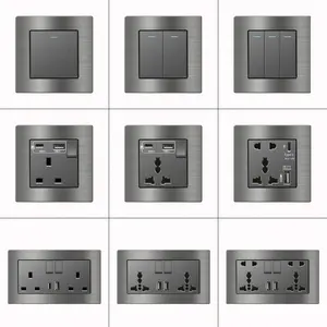 Aluminum Alloy Grey Brushed Color UK Malta Wall Switches Sockets with Type C USB Fast Charger Electrical Light Switch