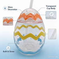 Gobelet à boire original en forme d'œuf avec effet 3D texturé et coque transparente, tasse à paille œuf de Pâques avec motif en relief 3D et paille lisse