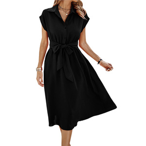 เดรสมิดิลำลองสำหรับผู้หญิงเดรสเสื้อเชิ้ตแขนสั้นคอเสื้อเปิดลงสีพื้นมีกระเป๋าสำหรับฤดูใบไม้ผลิฤดูร้อน - Product Image 2