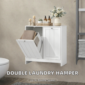 <b>White</b> Tilt-Out Double <b>Laundry</b> Hamper Cabinet <b>Wood</b> Storage Bin for Bathroom- Kitchen <b>Laundry</b> Room Apartment - Product Image 2
