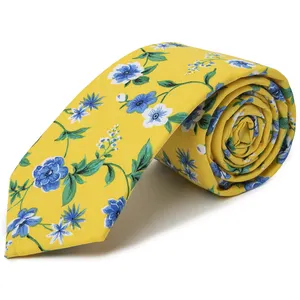 Cuyino设计穿着舒适柔软的棉质材料男士领带手工制作经典碎花黄色修身领带