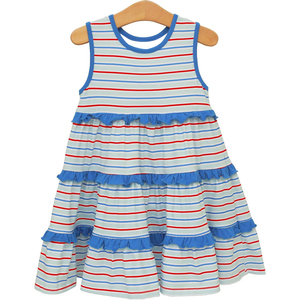 GBO0519 Robe smockée bleue personnalisée avec nœuds pour petite fille, ensemble de culottes sans manches pour bébé fille, vente en gros - Product Image 4