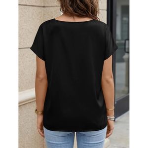 Womens Silk Satin Blouse Cap Sleeve V Neck Dressy Casual <b>Top</b> Office Work Summer Breathable Simple Style - Product Image 4