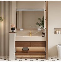 Nouvelle combinaison moderne de meuble-lavabo mural avec miroir LED et vasque intégrée en dalle de roche courbée à chaud pour salle de bain
